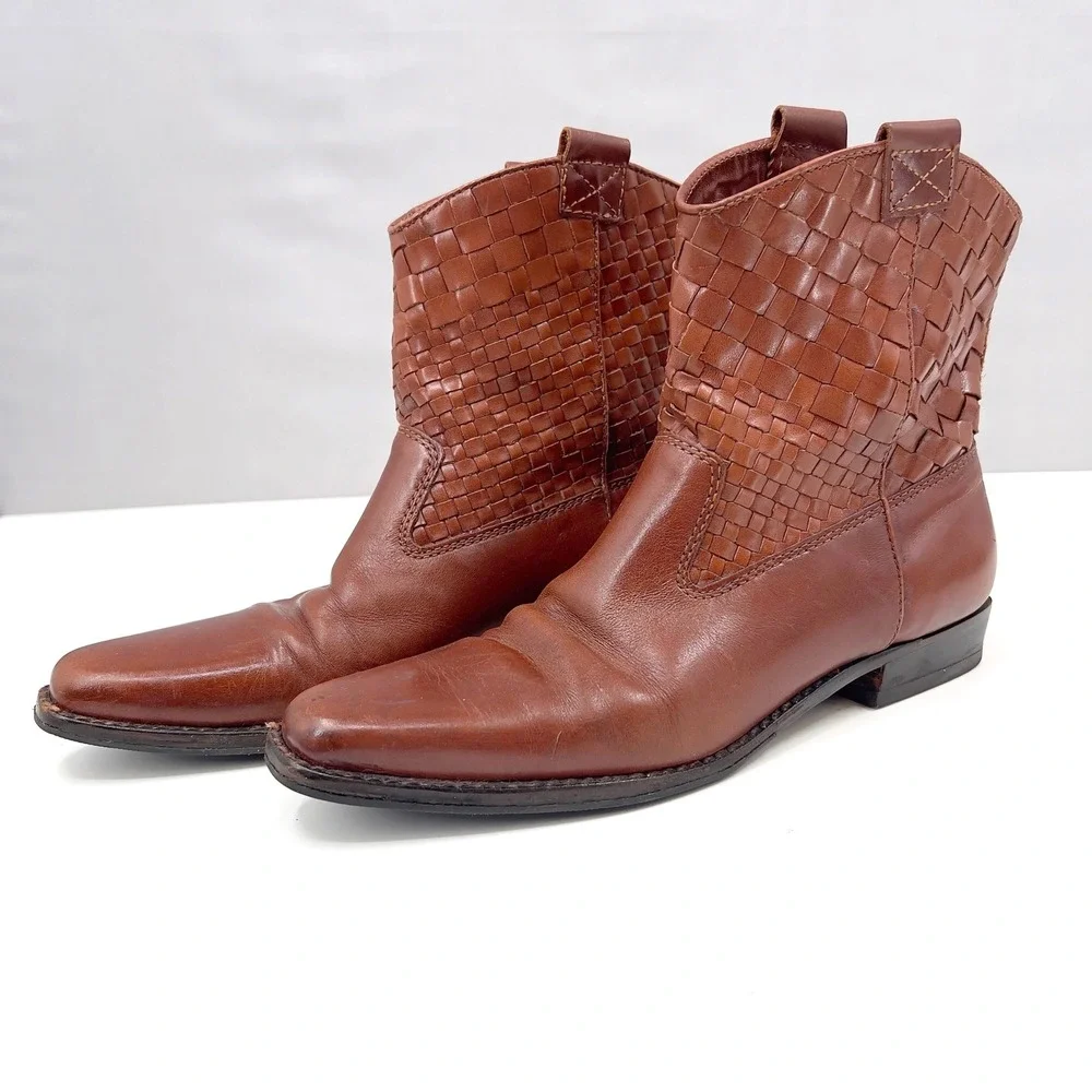 Vintage 90s Womens Woven Leather Ankle Boot Cognac Brown Coastal Cowgirl 8